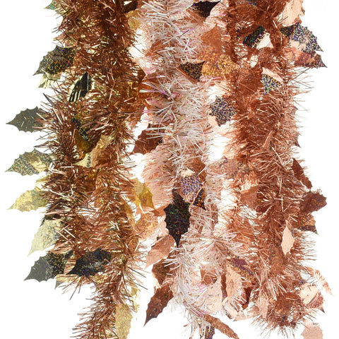 Christmas Holly Die Cut Tinsel Garlands, Rose Gold, 8-Feet, 3-Piece