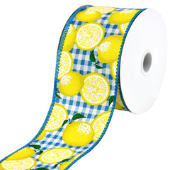 Gingham Printed Lemons Wired Ribbon, 10-yard