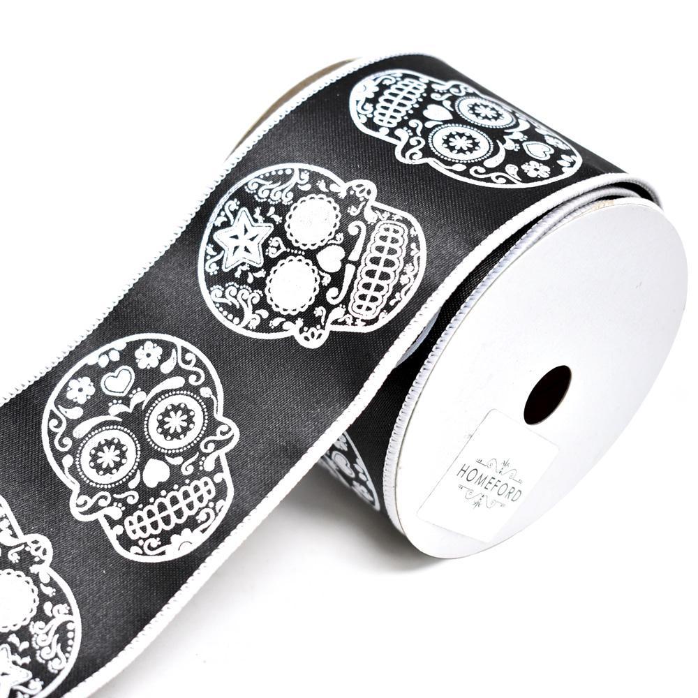 Day of the Dead Sugar Skull Wired Ribbon, Black, 2-1/2-Inch