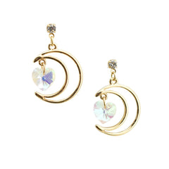 Crescent Moon with Heart Gemstone Pendant Drop Earrings, 1-1/4-Inch