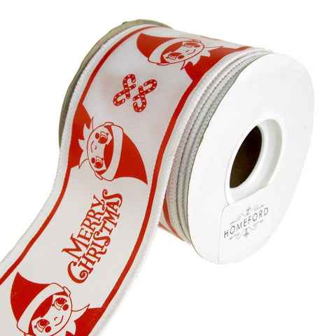 "Merry Christmas" Elf Wire-Edge Ribbon, White/Red, 2-1/2-Inch, 10 Yards
