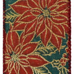 Christmas Golden Lined Poinsettias Wired Ribbon, 2-1/2-Inch, 10-Yard