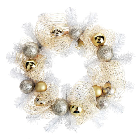 Decorated Gold Mesh Ribbon Christmas Wreath, White/Champagne, 21-Inch