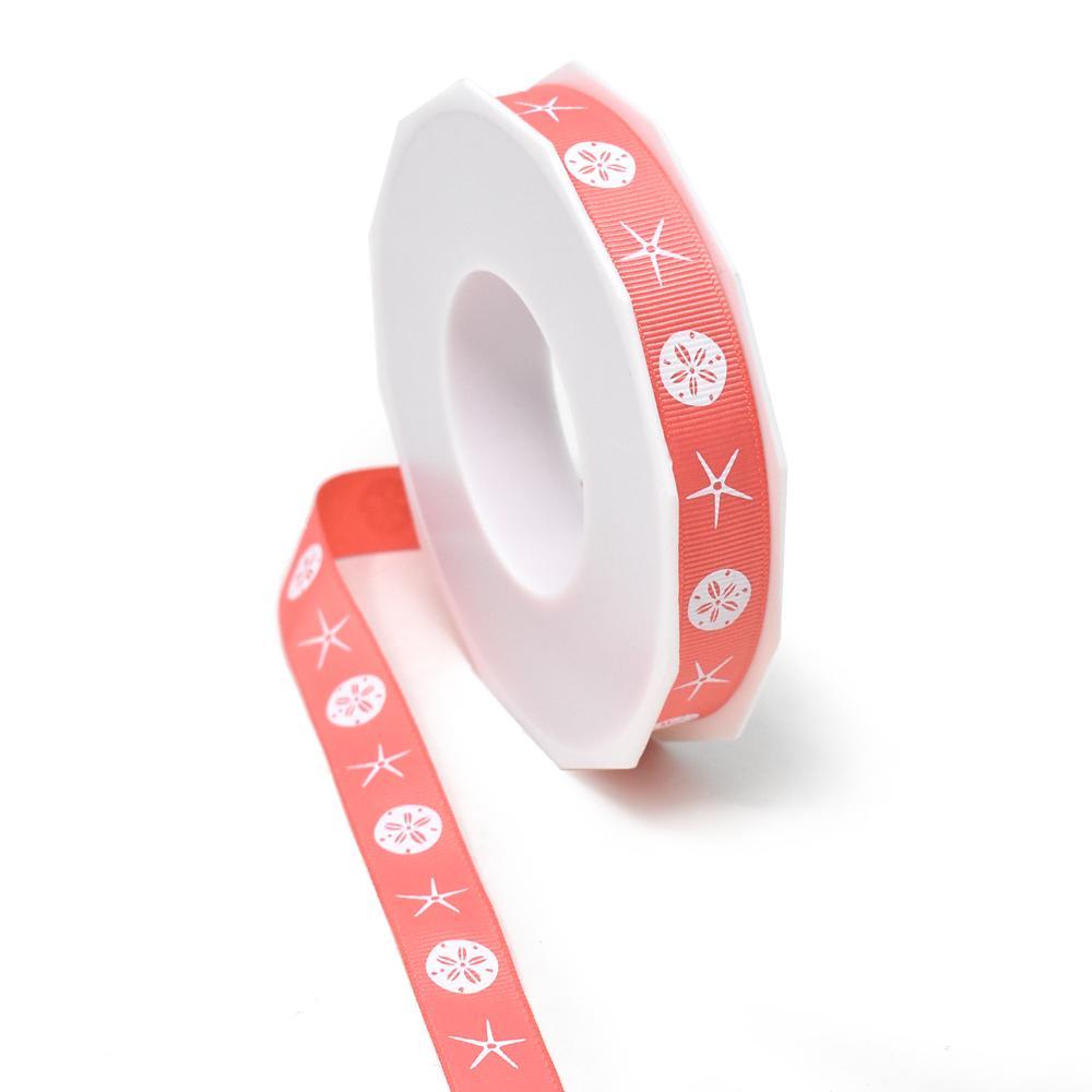 Star Fish and Sand Dollar Coastal Grosgrain Ribbon, Coral, 5/8-Inch, 20-Yard