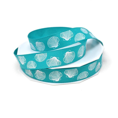 White Seashell Coastal Grosgrain Ribbon, Teal, 5/8-Inch, 20-Yard