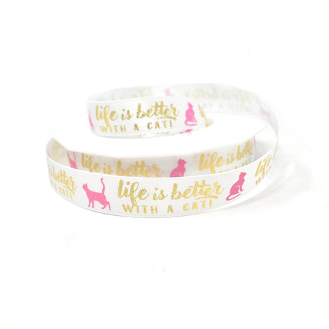 Life Is Better With A Cat Precious Pets Satin Ribbon, White, 5/8-Inch, 20-Yard