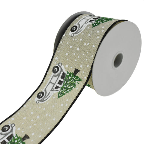 Beetle Car and Christmas Tree Wired Ribbon, 2-1/2-Inch, 10-Yard