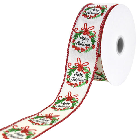 Merry Christmas Wreath Faux Linen Wired Ribbon, 1-1/2-inch, 10-yard