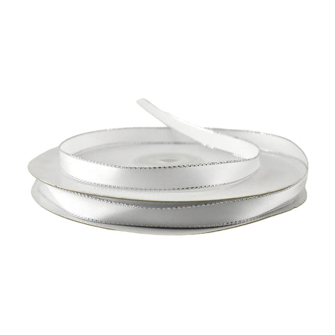 Satin with Silver Edge Ribbon, 3/8-Inch, 50-Yard - White