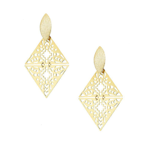 Diamond Shaped Filigree Drop Earrings, Gold, 3-Inch