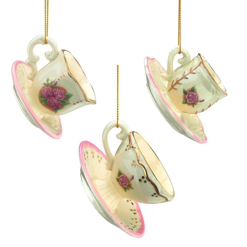 Porcelain Romance Tea Cup Christmas Tree Ornaments, 1-3/4-Inch, 3-Piece
