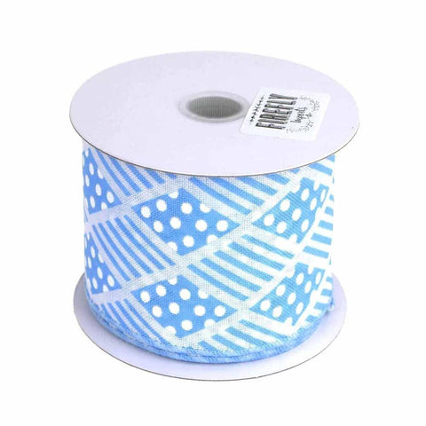Harlequin Stripes Polka Dots Polyester Ribbon Wired Edge, Blue, 2-1/2-Inch, 10 Yards