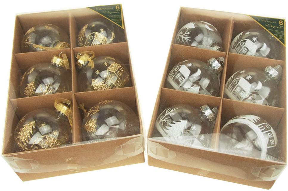 Glitter Town Round Plastic Christmas Tree Ornaments, 3-Inch, Gold/White, 2-Packs