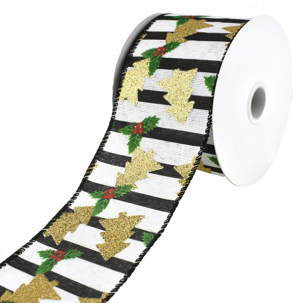 Christmas Gold Glitter Trees, Holly and Stripes Wired Ribbon, 2-1/2-Inch, 10-Yard