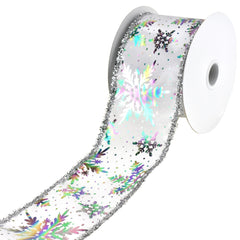 Christmas Holographic Snowflakes Tinsel Edge Wired Ribbon, 2-1/2-Inch, 10-Yard