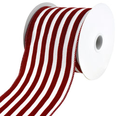 Glitter Flocked Cabana Stripes Wired Ribbon, 4-Inch, 10-Yard - Red/White