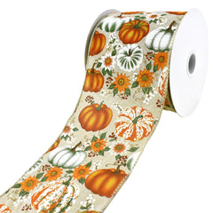 Pumpkins and Fall Harvest Flowers Wired Ribbon, 4-Inch, 10-Yard