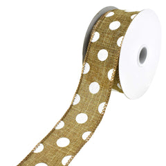 Polka Dots Natural Faux Linen Wired Ribbon, 1-1/2-Inch, 10-Yard
