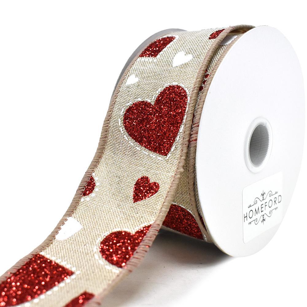 Valentines Darling Glitter Hearts Wired Ribbon, 1-1/2-Inch, 10-Yard