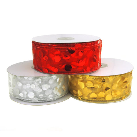 Sheer Organza Gilded Dots Metallic Christmas Holiday Ribbon, 2-1/2-Inch, 50 Yards