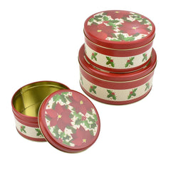 Christmas Cookie Tin Round Containers with Poinsettias and Holly, 3 Size, Red/White