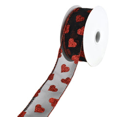 Sheer Organza Glitter Hearts Valentine's Day Wired Ribbon, 1-1/2-Inch, 10-Yard