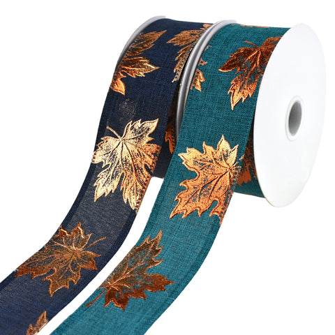 Copper Accent Fall Leaves Wired Ribbon, 1-1/2-Inch, 10-Yard