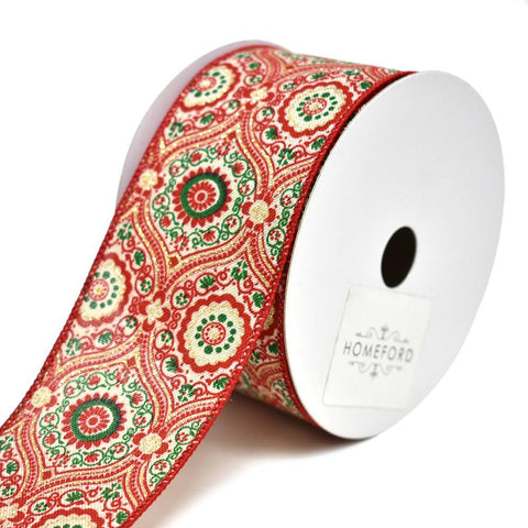 Florence Mandala Printed Wired Christmas Ribbon, 2-1/2-Inch, 10-Yard