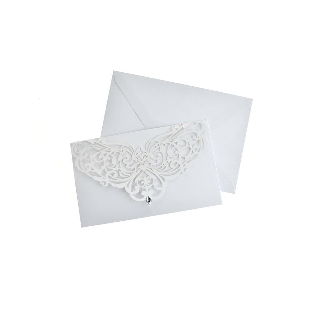 Blank Invitations Rectangle Laser Cut Design With Rhinestone, White, 7-1/4 Inch, 8-Piece