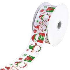 Christmas Gnomes and Presents Satin Ribbon, 1-1/2-Inch, 10-Yard - White