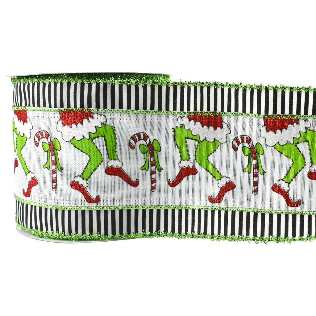 Christmas Monster Legs Stripes & Tinsel Wired Ribbon, 4-Inch, 10-Yard