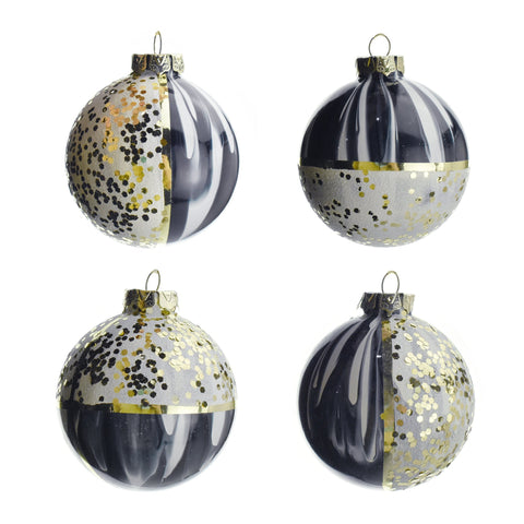 Elegant Glitter Block Pattern Glass Christmas Ornaments, 3-1/4-Inch, 4-Piece
