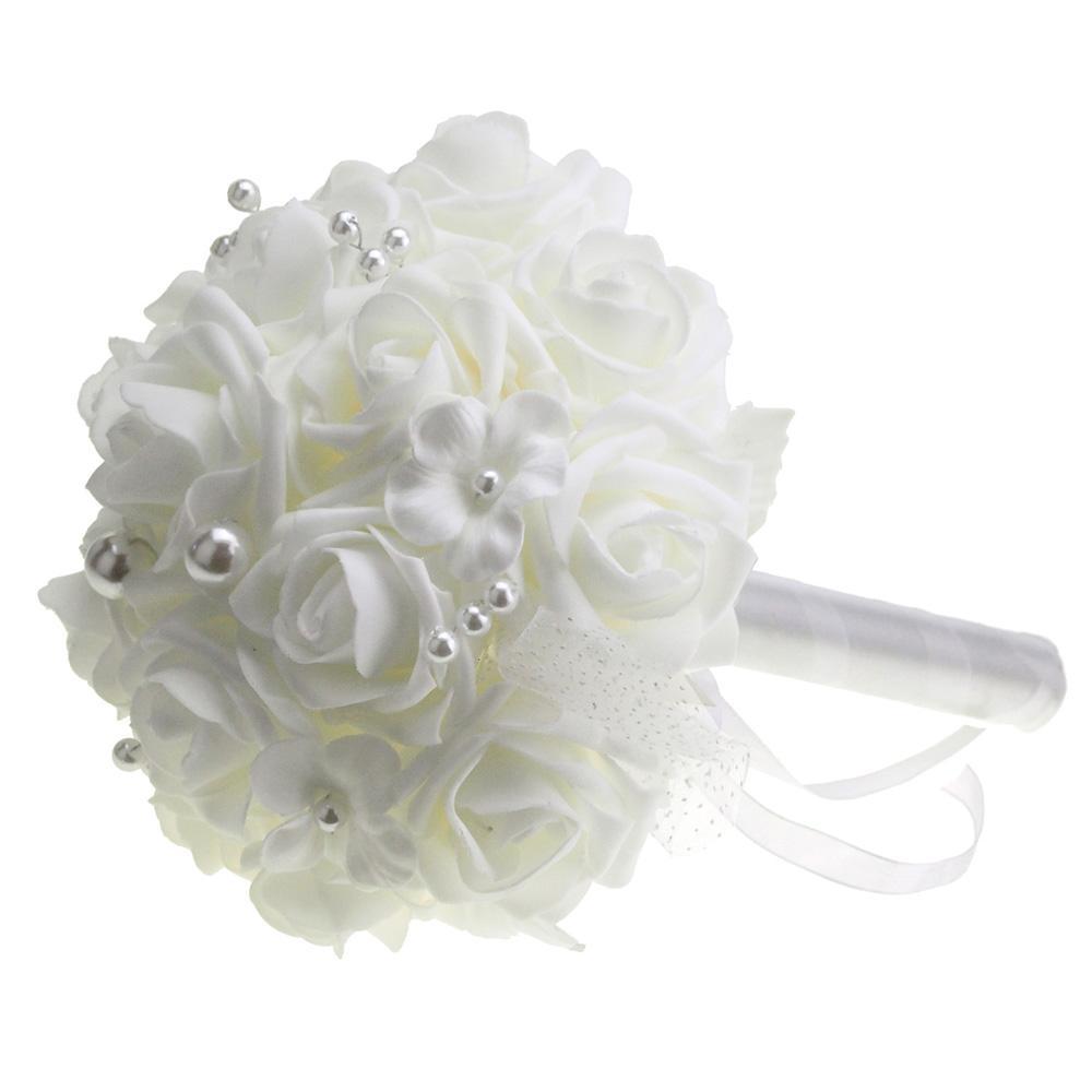 Soft Touch Rose Flower Wedding Bouquet with Pearls, 9-Inch, White