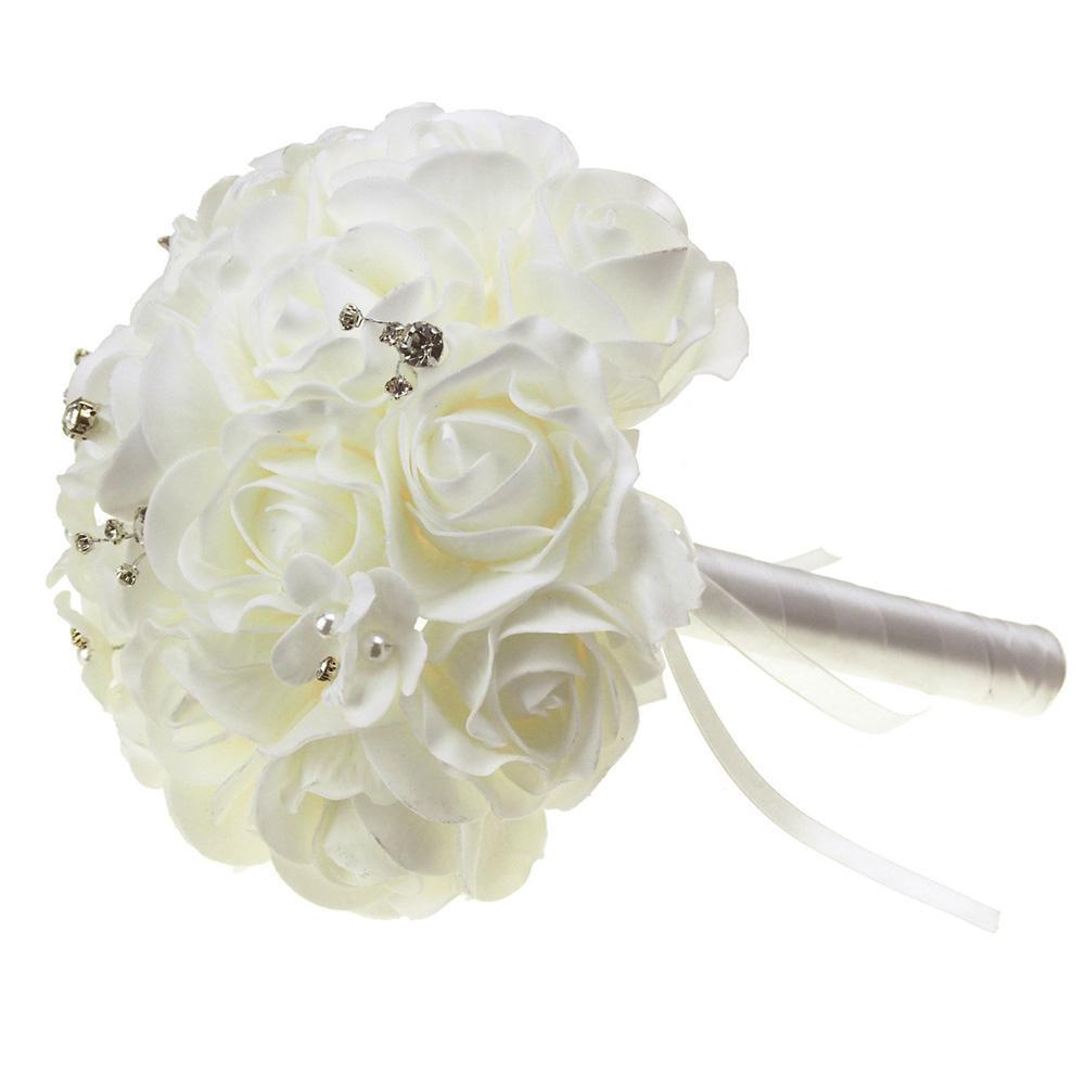 Soft Touch Rose Flower Wedding Bouquet with Rhinestones, 9-Inch, White