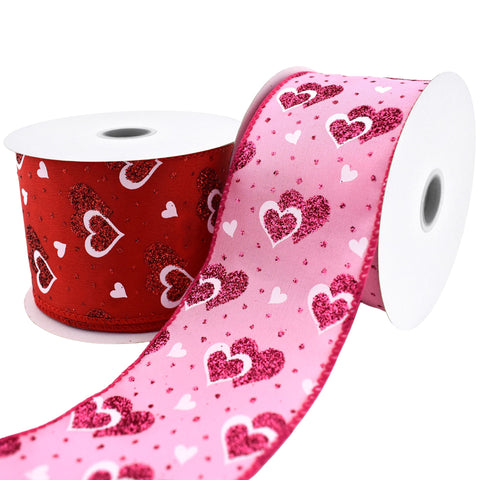 Valentine's Polka Dots Glittered Hearts Satin Wired Ribbon, 2-1/2-inch, 10-yard