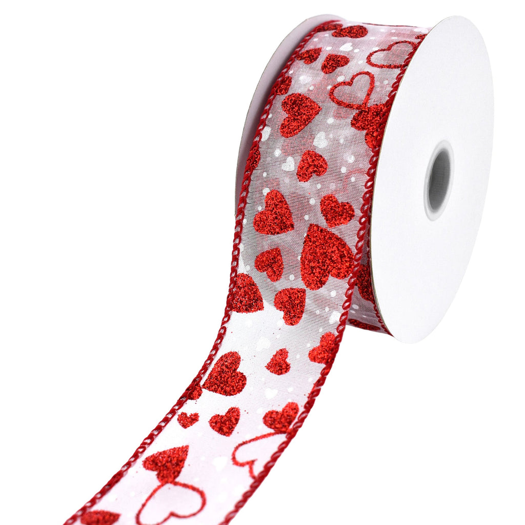 Valentine's Sheer Organza Glittered Hearts Wired Ribbon, 1-1/2-inch, 10-yard