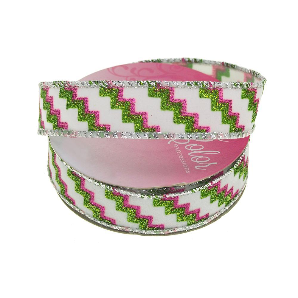 Glitter Zigzag Polyester Holiday Ribbon Wired Edge, 7/8-Inch, 4 Yards