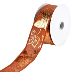 Embossed Autumn Leaves Faux Linen Wired Ribbon, 1-1/2-Inch, 10-Yard