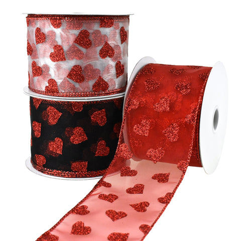 Sheer Organza Glitter Hearts Valentine's Day Wired Ribbon, 2-1/2-Inch, 10-Yard
