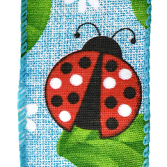 Ladybugs and Daisies Faux Linen Wired Ribbon, 1-1/2-inch, 10-yard