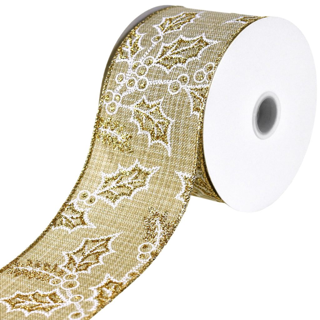 Christmas Holly Glittered Outlines Faux Linen Wired Ribbon, 2-1/2-inch, 10-yard