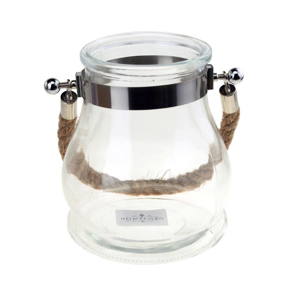 Round Glass Candle Holder Lantern with Rope Handle, 6-Inch