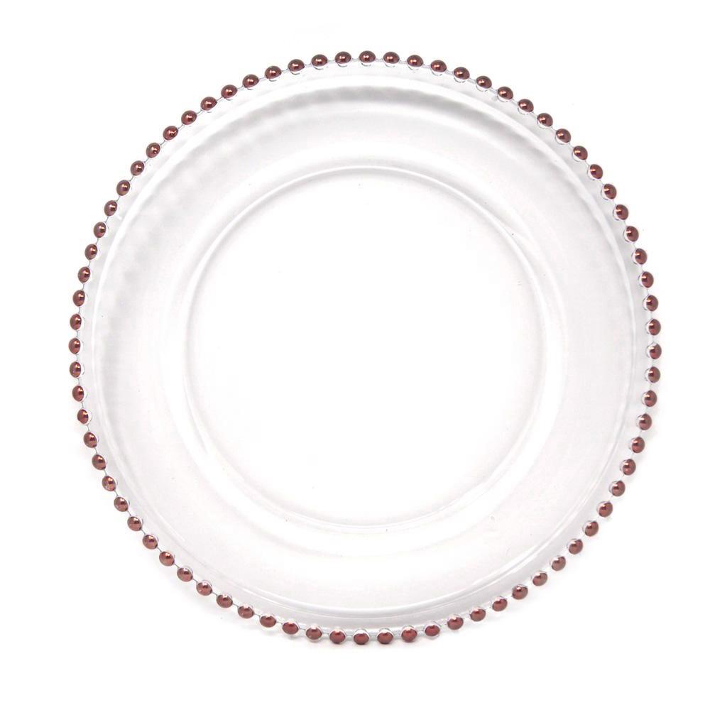 Glass Charger Plate with Rose Gold Beaded Edge, Clear, 12-1/2-Inch, 1-Count