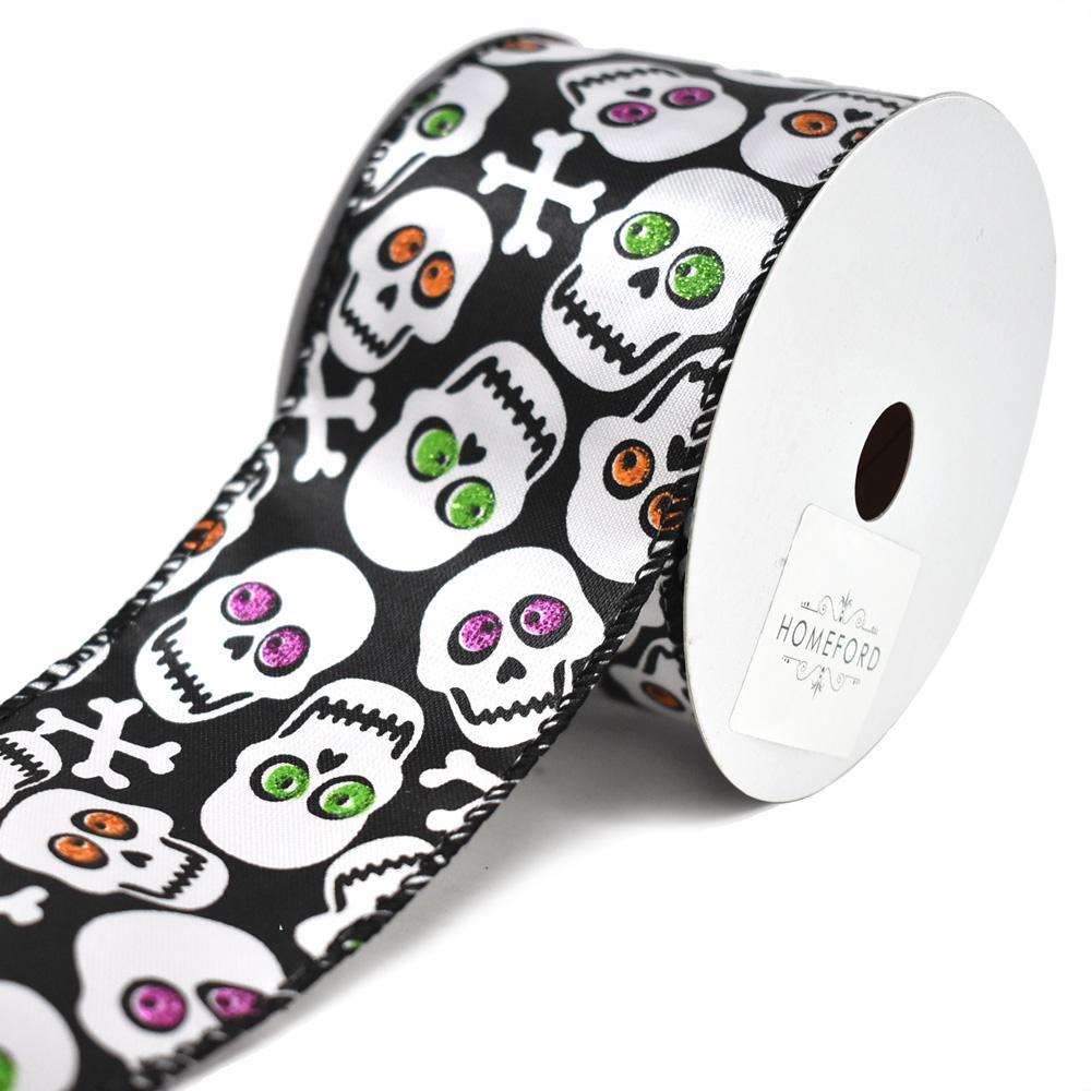 Glitter Crazy Skull and Cross Bone Satin Wired Ribbon, Black/White, 2-1/2-Inch