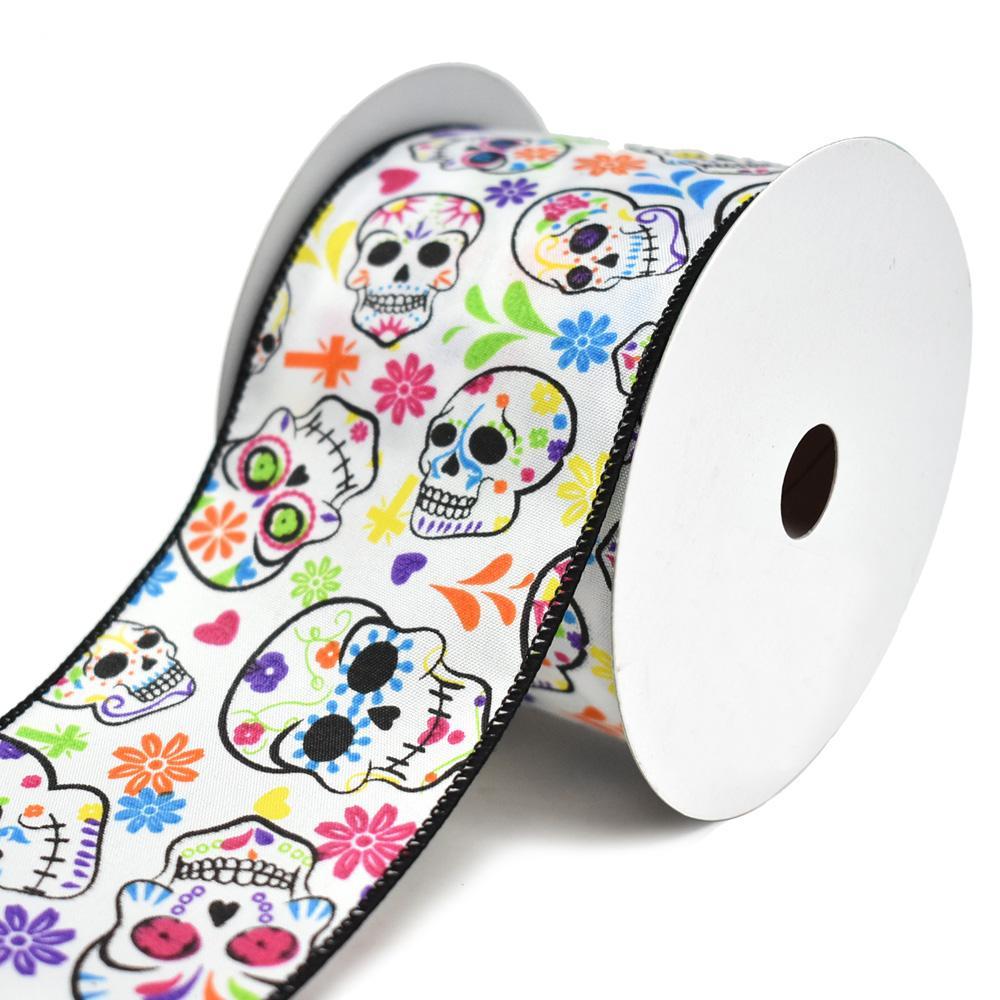 Colorful Day of the Dead Wired Ribbon, Multi-Color, 2-1/2-Inch