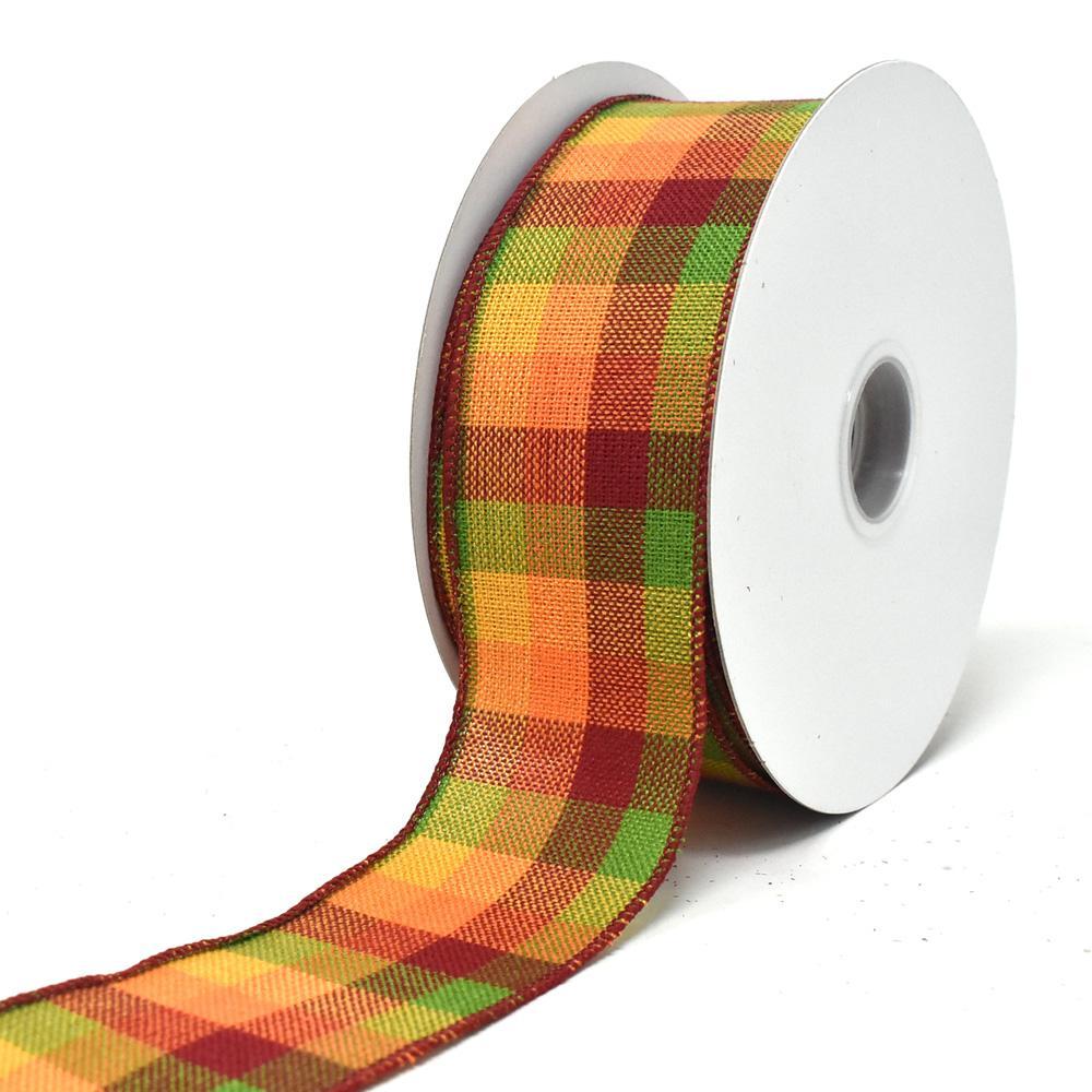 Fall Checkered Comfort Wired Edge Ribbon, 2-1/2-Inch, 20-Yard