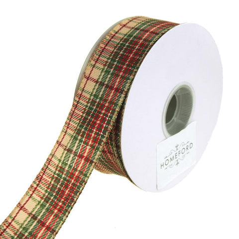 Khaki Plaid Metallic Accent Wired Christmas Holiday Ribbon, 1-1/2-Inch, 20 Yards