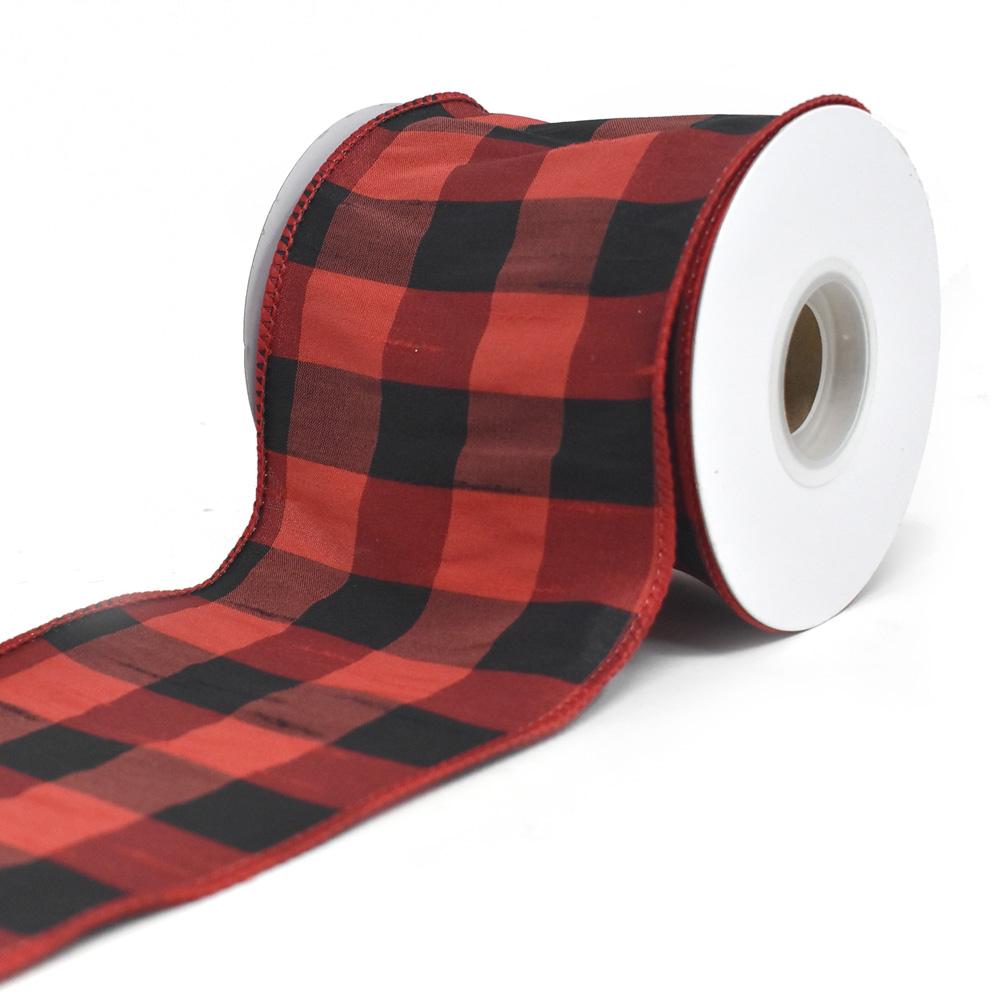 Dupioni Plaid Buffalo Large Wired Edge Ribbon, 4-Inch, 10-Yard