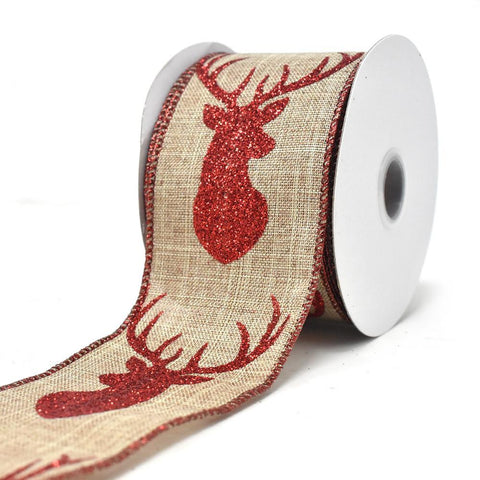 Glitter Deer Antler Linen Wired Edge Christmas Ribbon, Natural, 2-1/2Inch, 10-Yard