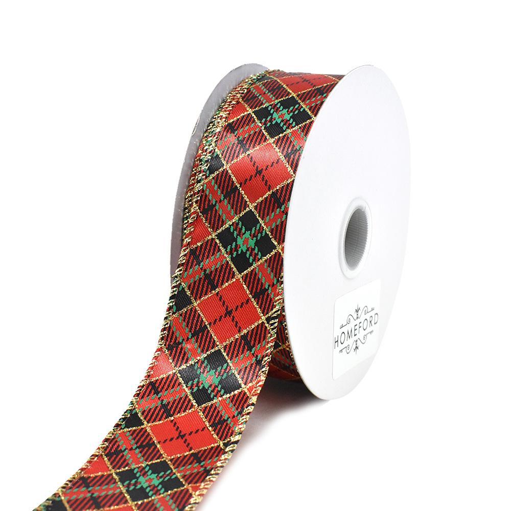 Christmas Glittered Diagonal Plaid Wired Ribbon, 1-1/2-Inch, 25-Yard